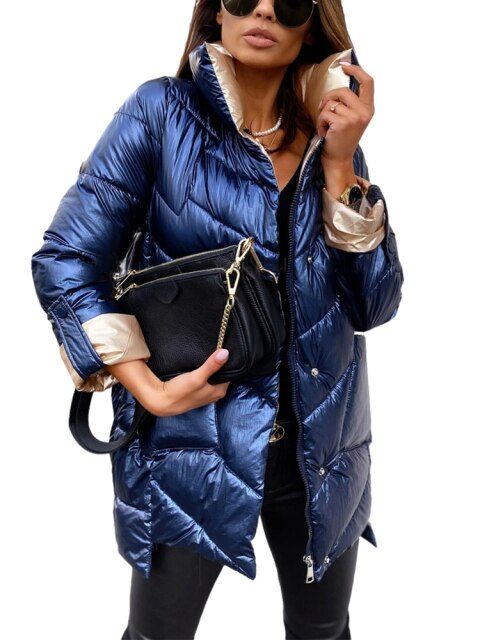 The United States new women solid colour glossy retractable sleeves zip cardigan cotton jacket Blue