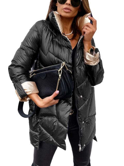 The United States new women solid colour glossy retractable sleeves zip cardigan cotton jacket Black