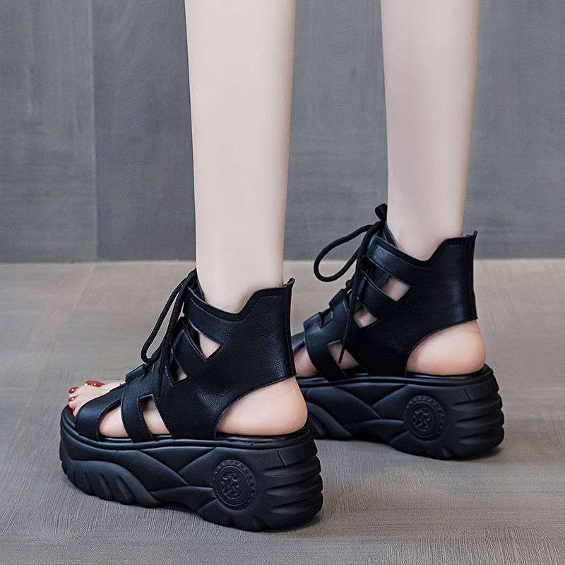 Thick soled Sandals New Summer High heeled All match Casual Fashion Sports Sponge Cake High top Roman Shoes Black 37