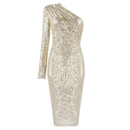 VC One Shoulder Sparkle Glitzy Sequins Dress Gold