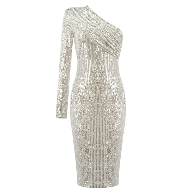 VC One Shoulder Sparkle Glitzy Sequins Dress Silver