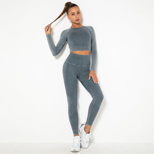 Washed Seamless Yoga Clothes Suit High Waist Slimming Tight Sports Long sleeved Fitness Yoga Pants Two piece Set