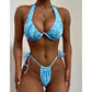 Water Wave Print Push Up High Cut Micro Bikini Blue