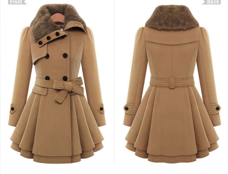 Women's Slim Mid-Length Woolen Coat with Belt Thickened Double-Breasted Padded Windbreaker Coat Red / XL Women's Slim Mid-Length Woolen Coat with Belt Thickened Double-Breasted Padded Windbreaker Coat Red / XL