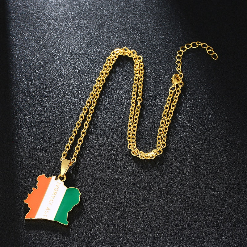 World Map Ivory Coast African Country Map Flag Pendant Necklace Student Stainless Steel Chain Patriotic Jewelry
