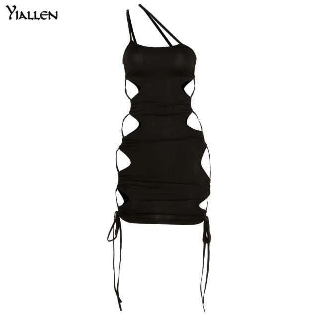 Yiallen Summer Black Hollow Out Lace Up Sling Slim Dress Fashion Sleeveless Clothing Lady Solid Mini Dresses black