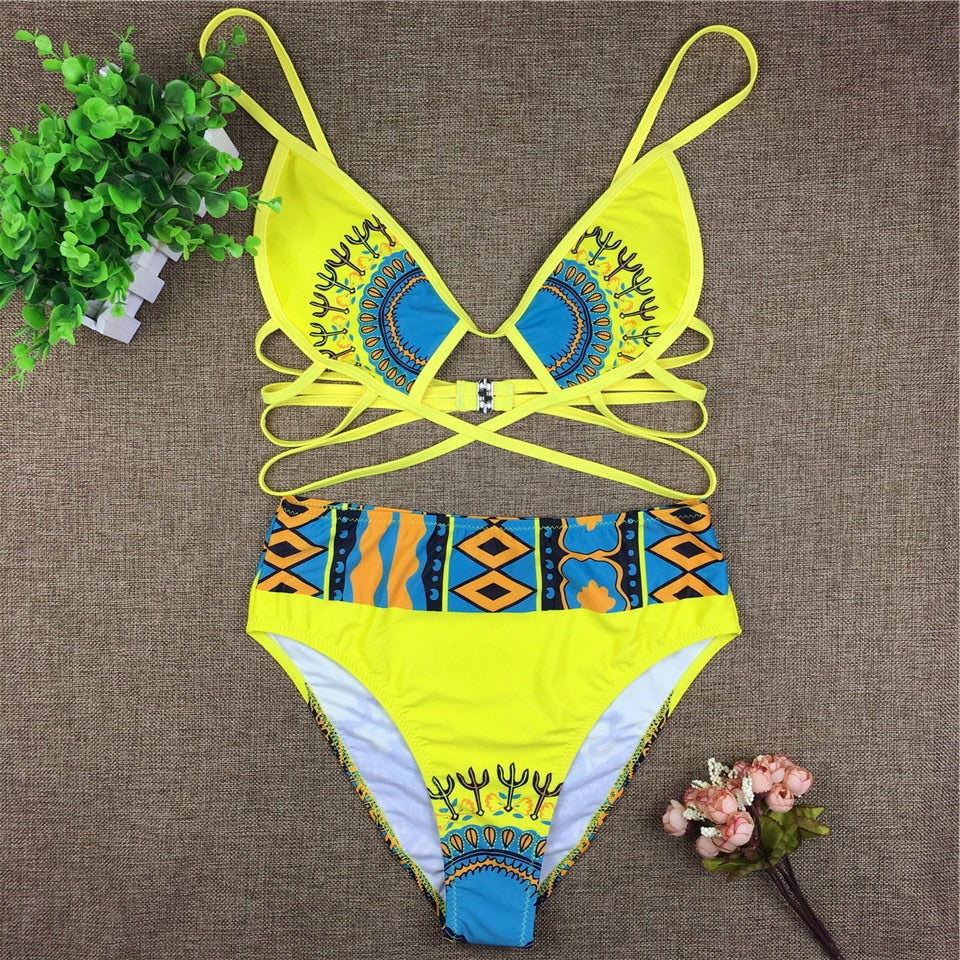 ZPDWT Tribal Print Bathing Suit African Swimwear Swimsuit High Waist Bikini Yellow Beach Swim Wear For Small Chests S323