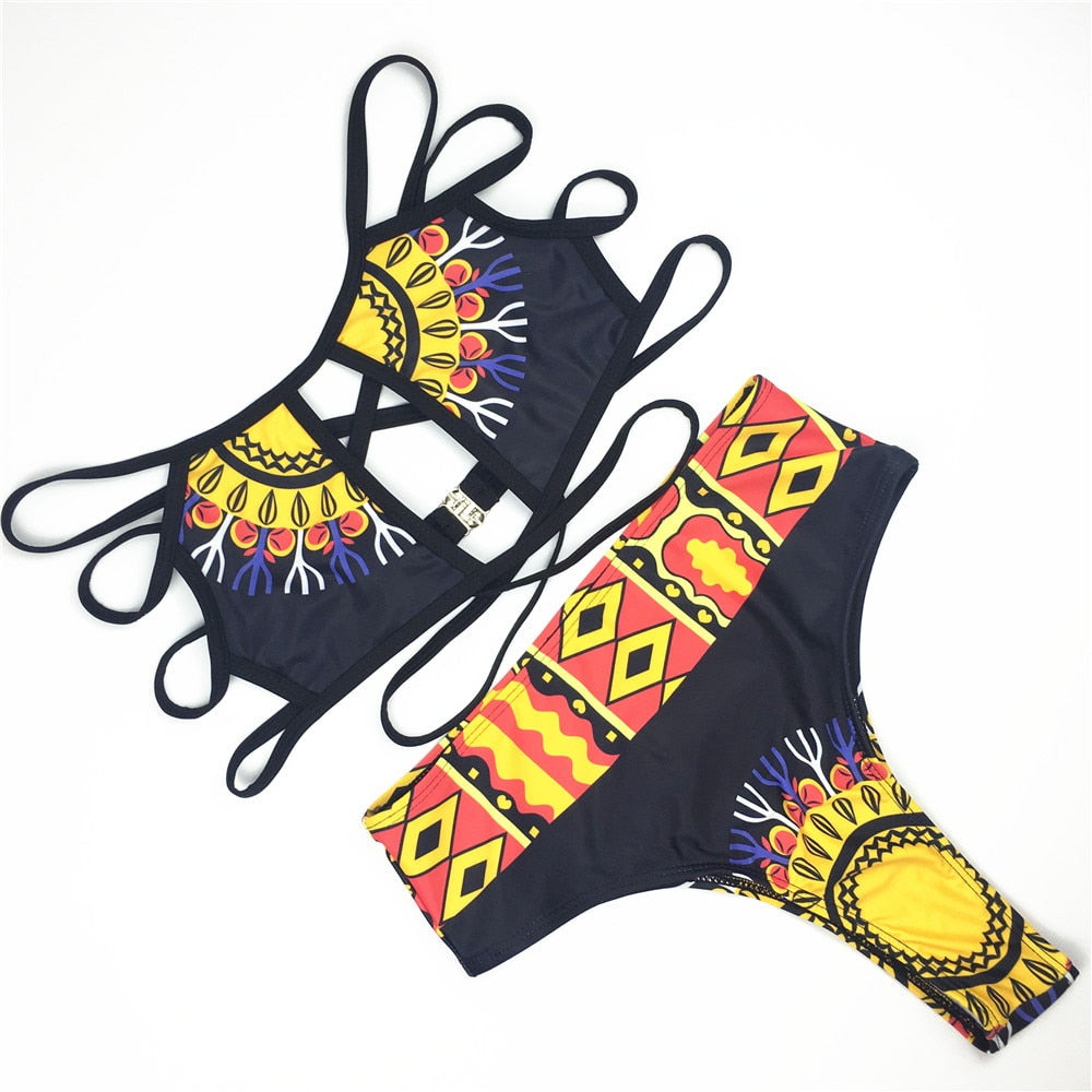 ZPDWT Tribal Print Bathing Suit African Swimwear Swimsuit High Waist Bikini Yellow Beach Swim Wear For Small Chests S323-1