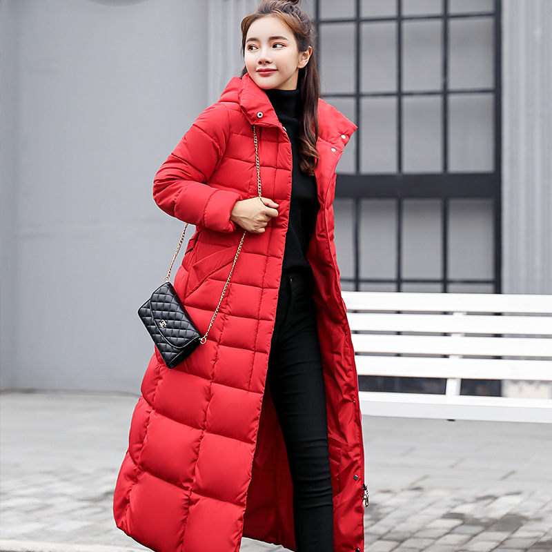 knee length thick warm hooded solid color down padded jacket with large collar Red