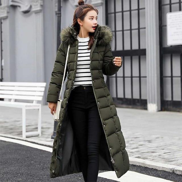 knee length thick warm hooded solid color down padded jacket with large collar Green