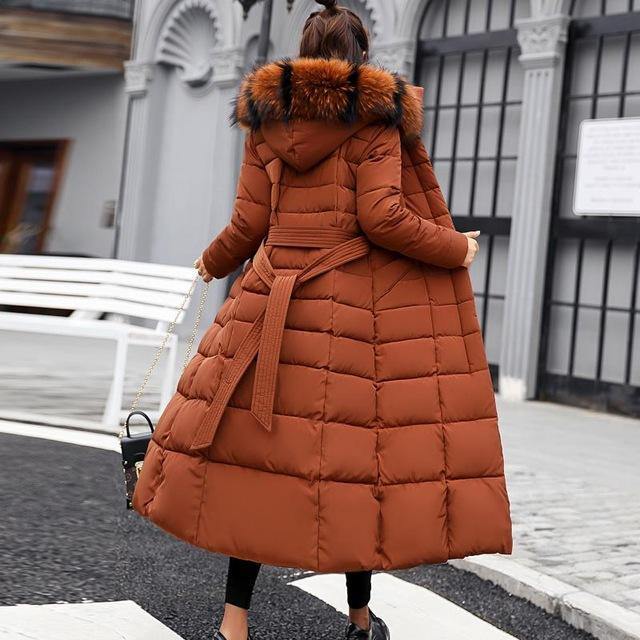 knee length thick warm hooded solid color down padded jacket with large collar caramel