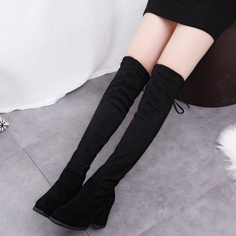 new boots autumn and winter boots over the knee boots high tube elastic boots thick with pointed high heeled wild women boots Black 37