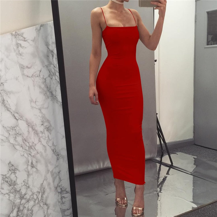 Sexy Slim Tight Solid Color Long Sleeveless Sheath Cotton Dress Red
