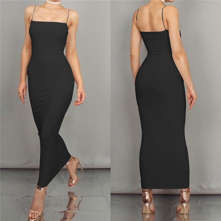 Sexy Slim Tight Solid Color Long Sleeveless Sheath Cotton Dress black